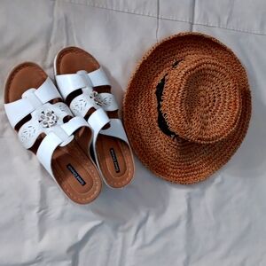 A pair of 91/2 white sandals with wedge heel by Good Choice, natural fabric hat